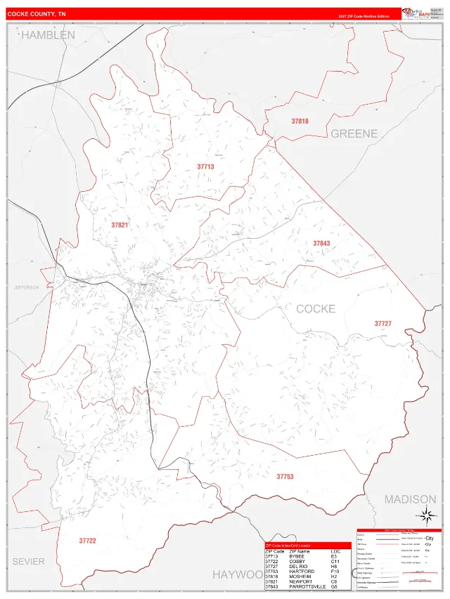 Cocke County, TN ZIP Code Wall Map, RedLine style