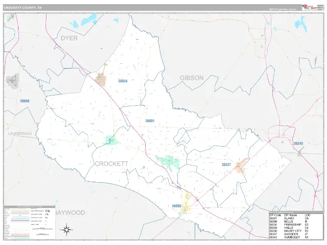 Crockett County, TN ZIP Code Wall Map, Classic style