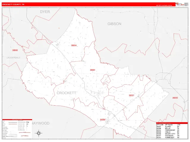 Crockett County, TN ZIP Code Wall Map, RedLine style