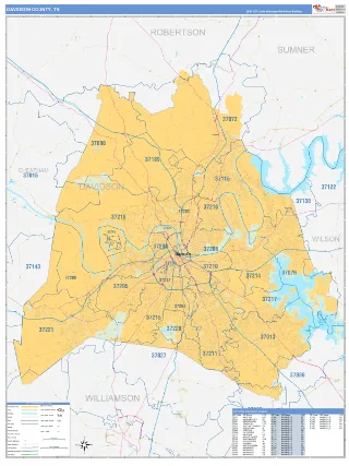 Davidson County, TN Business Reference style ZIP Code wall map