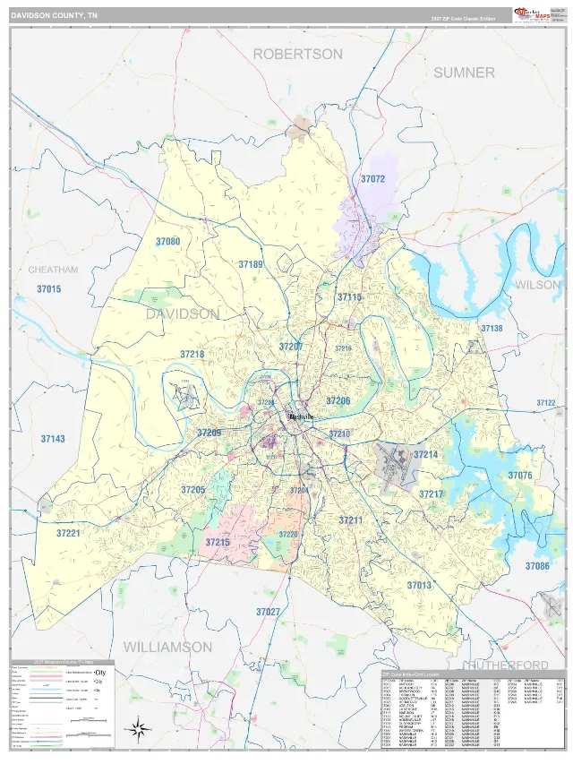 Davidson County, TN ZIP Code Wall Map, Classic style