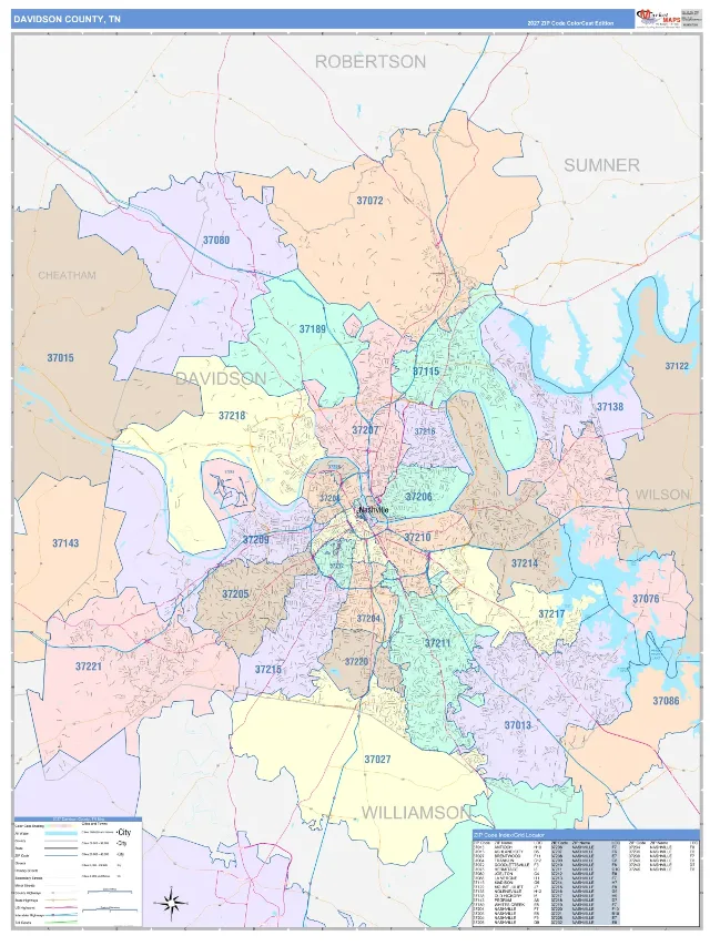 Davidson County, TN ZIP Code Wall Map, ColorCast style