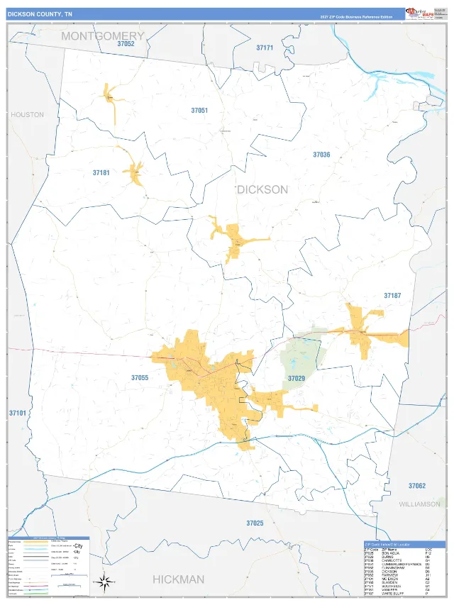 Dickson County, TN ZIP Code Wall Map, Business Reference style