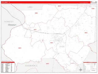 Dyer County, TN RedLine style ZIP Code wall map