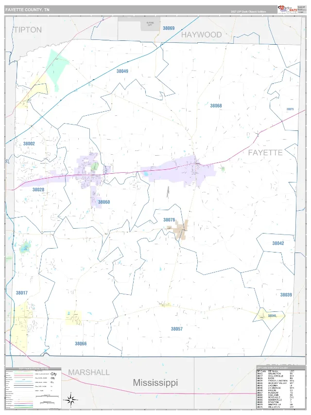 Fayette County, TN ZIP Code Wall Map, Classic style