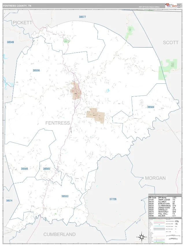 Fentress County, TN ZIP Code Wall Map, Classic style