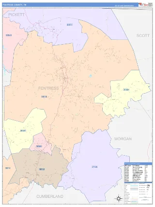 Fentress County, TN ColorCast style ZIP Code wall map