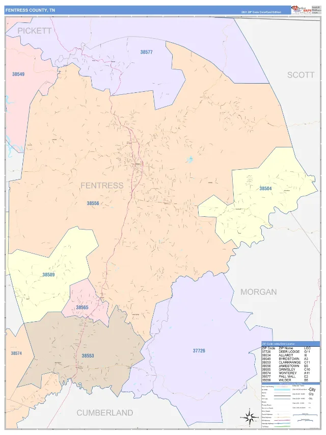 Fentress County, TN ZIP Code Wall Map, ColorCast style