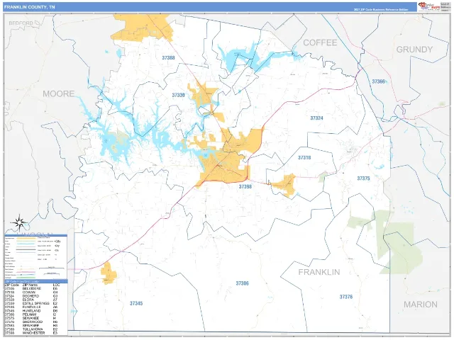 Franklin County, TN ZIP Code Wall Map, Business Reference style