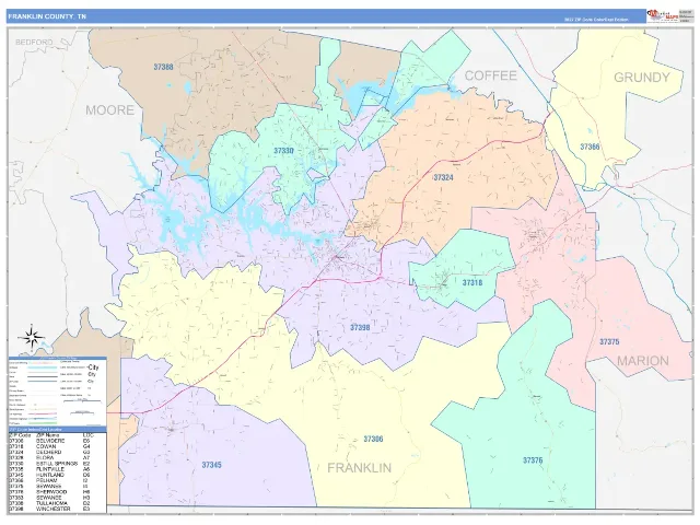 Franklin County, TN ZIP Code Wall Map, ColorCast style