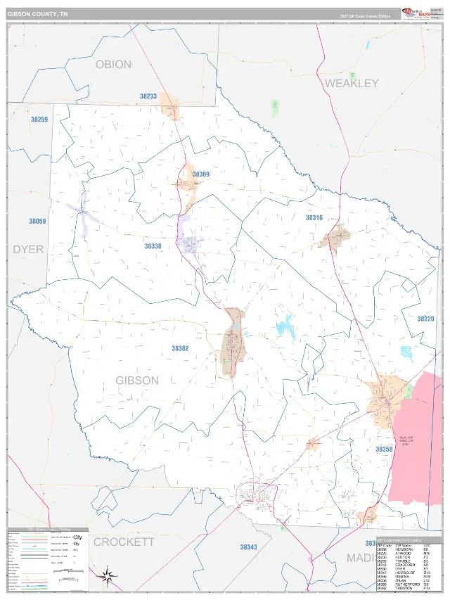 Gibson County, TN ZIP Code Wall Map, Classic style