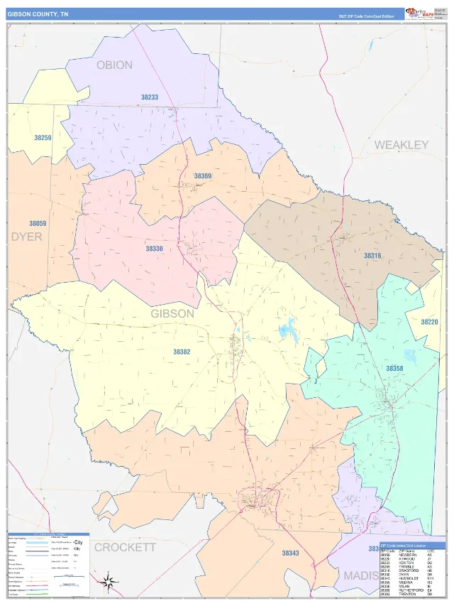Gibson County, TN ZIP Code Wall Map, ColorCast style
