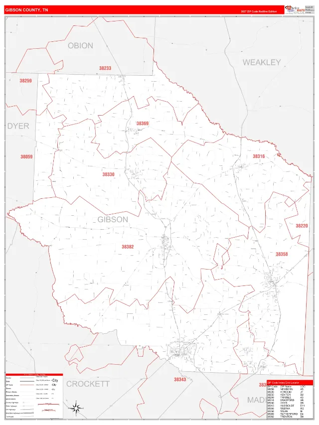 Gibson County, TN ZIP Code Wall Map, RedLine style