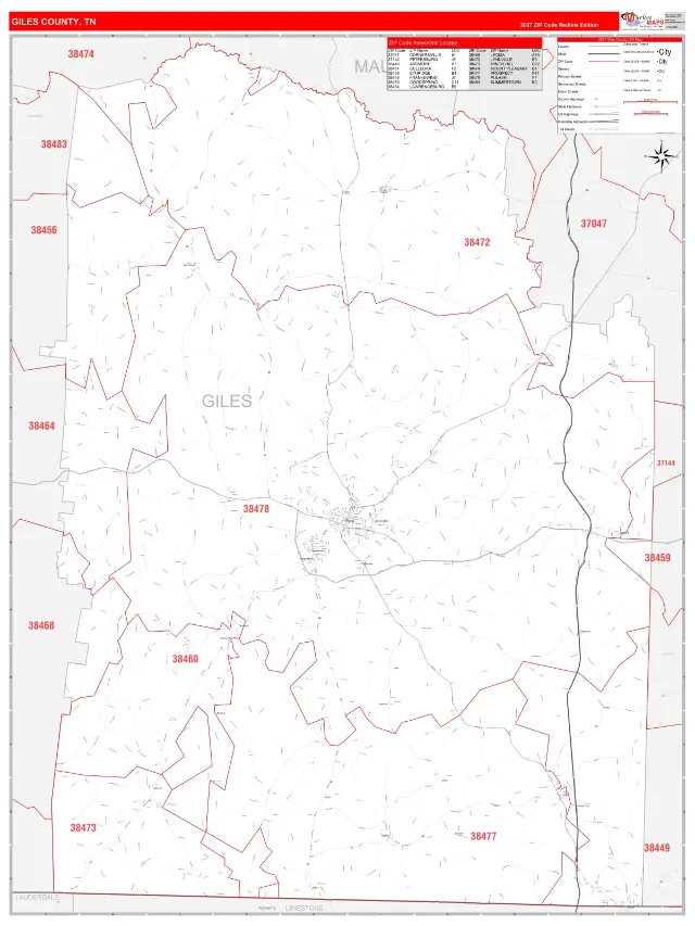 Giles County, TN ZIP Code Wall Map, RedLine style