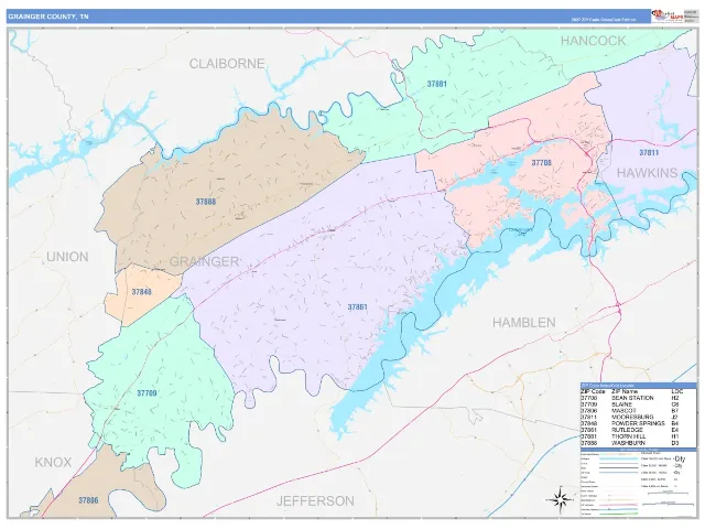Grainger County, TN ZIP Code Wall Map, ColorCast style