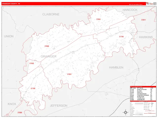 Grainger County, TN ZIP Code Wall Map, RedLine style