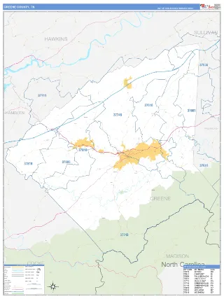 Greene County, TN Business Reference style ZIP Code wall map