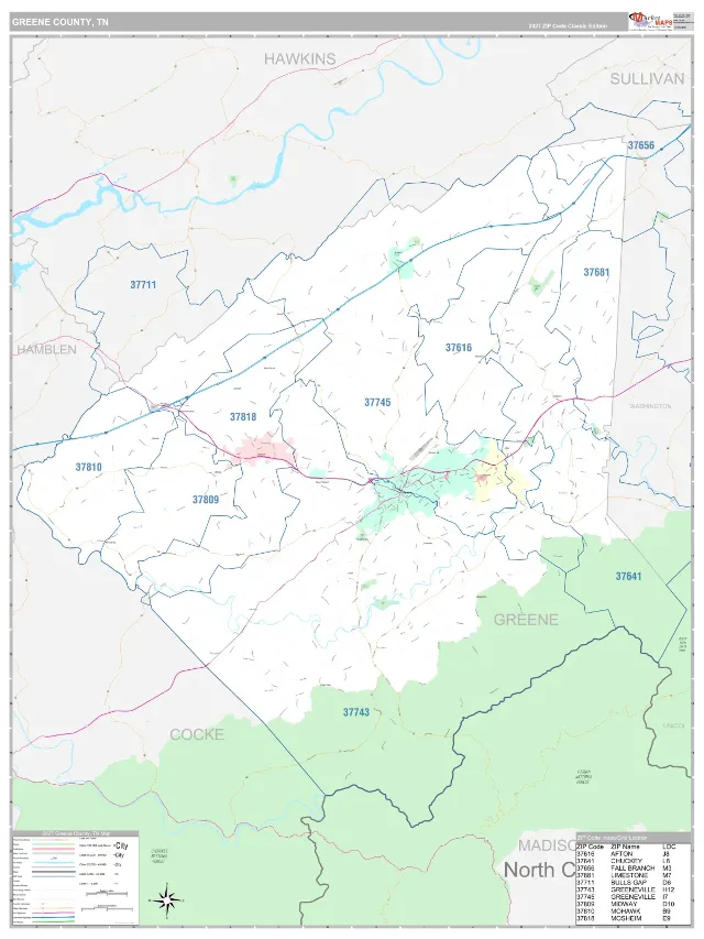 Greene County, TN ZIP Code Wall Map, Classic style