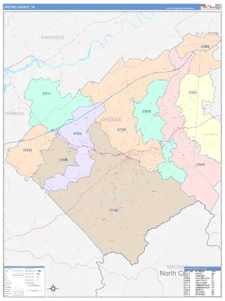Greene County, TN ColorCast style ZIP Code wall map