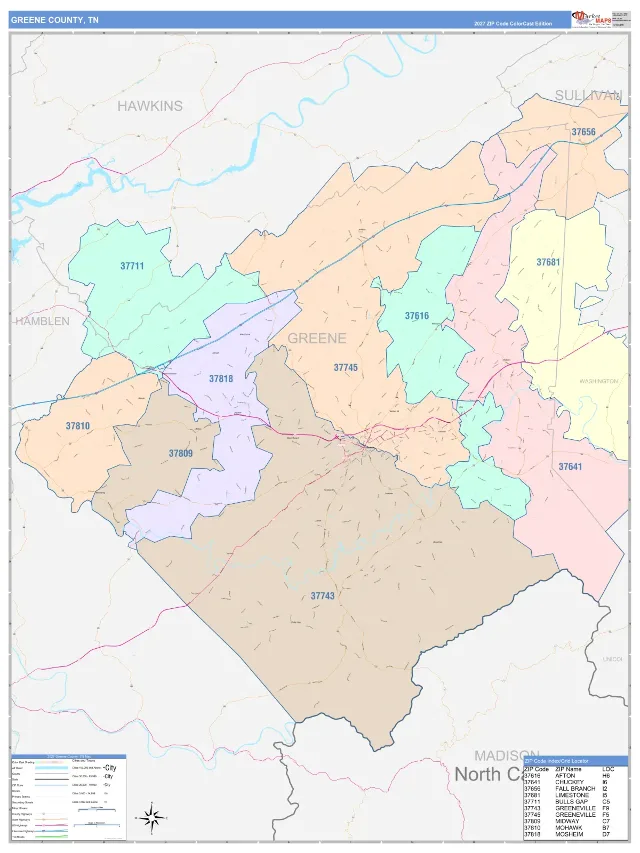 Greene County, TN ZIP Code Wall Map, ColorCast style