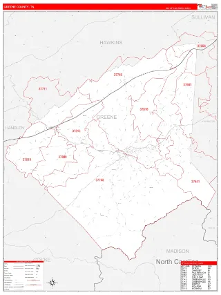 Greene County, TN RedLine style ZIP Code wall map