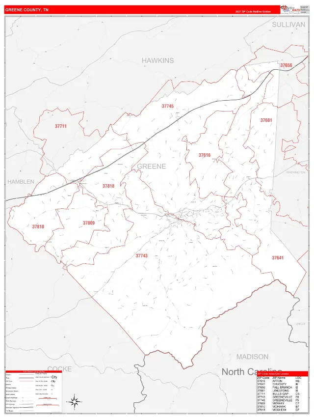 Greene County, TN ZIP Code Wall Map, RedLine style
