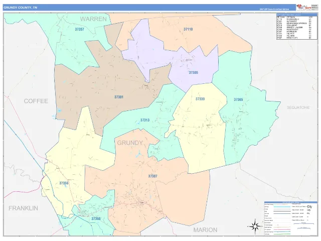 Grundy County, TN ZIP Code Wall Map, ColorCast style