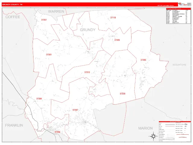 Grundy County, TN ZIP Code Wall Map, RedLine style