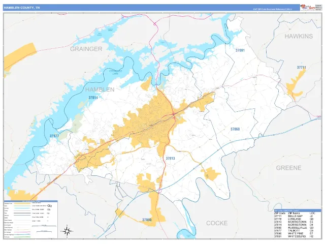 Hamblen County, TN ZIP Code Wall Map, Business Reference style