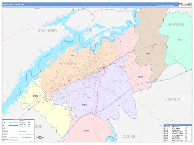 Hamblen County, TN ZIP Code Wall Map, ColorCast style
