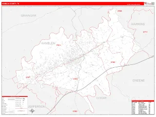 Hamblen County, TN RedLine style ZIP Code wall map