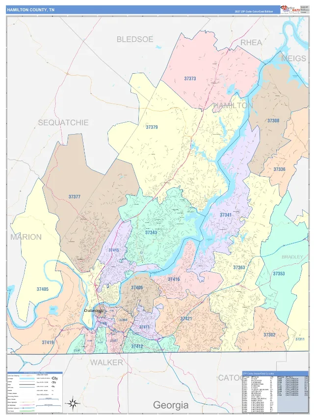 Hamilton County, TN ZIP Code Wall Map, ColorCast style