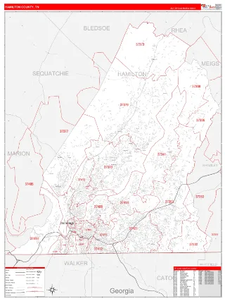 Hamilton County, TN RedLine style ZIP Code wall map