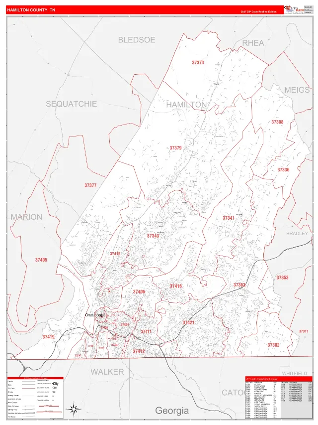 Hamilton County, TN ZIP Code Wall Map, RedLine style