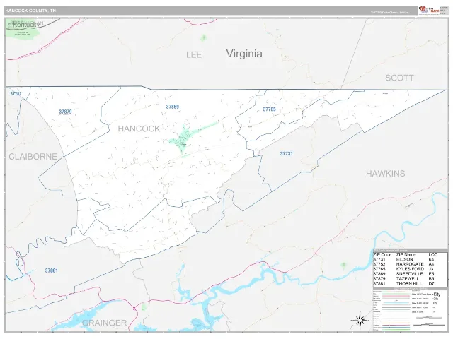 Hancock County, TN ZIP Code Wall Map, Classic style