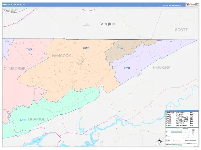 Hancock County, TN ZIP Code Wall Map, ColorCast style