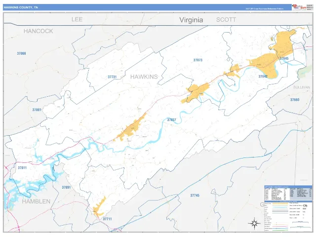 Hawkins County, TN ZIP Code Wall Map, Business Reference style