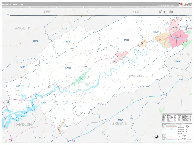 Hawkins County, TN ZIP Code Wall Map, Classic style