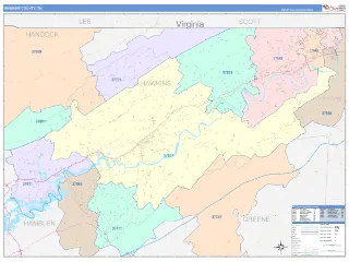 Hawkins County, TN ColorCast style ZIP Code wall map