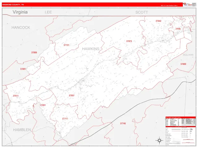 Hawkins County, TN ZIP Code Wall Map, RedLine style