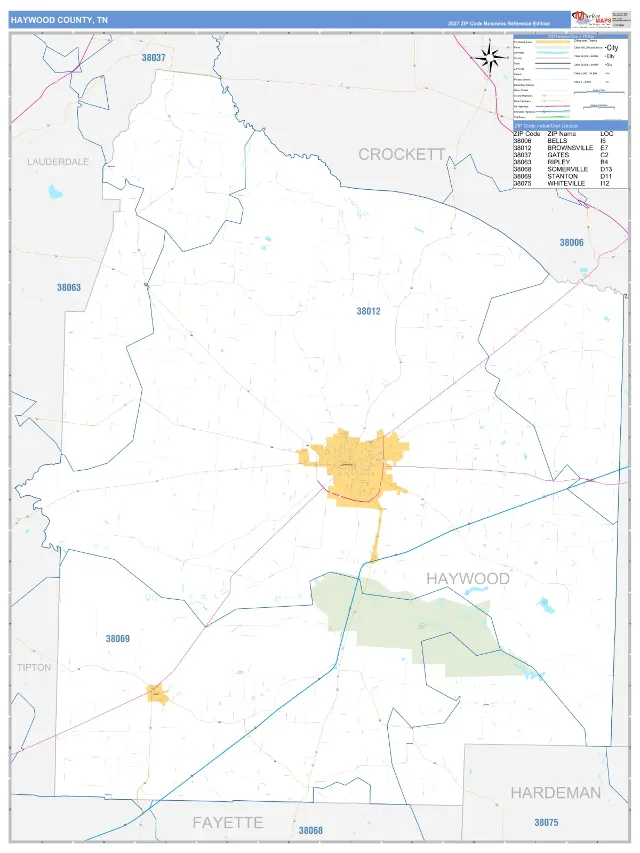 Haywood County, TN ZIP Code Wall Map, Business Reference style