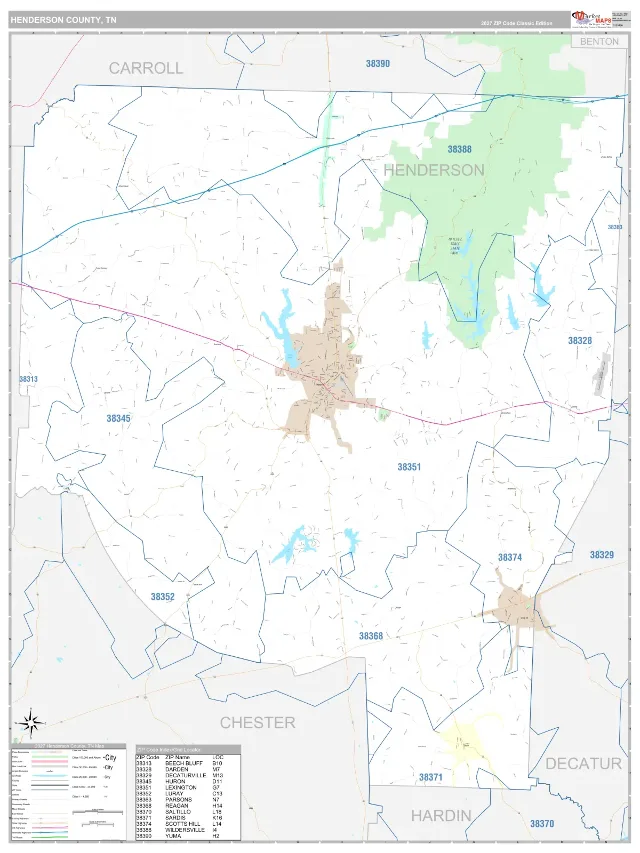 Henderson County, TN ZIP Code Wall Map, Classic style