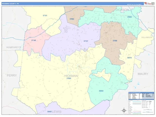 Hickman County, TN ZIP Code Wall Map, ColorCast style