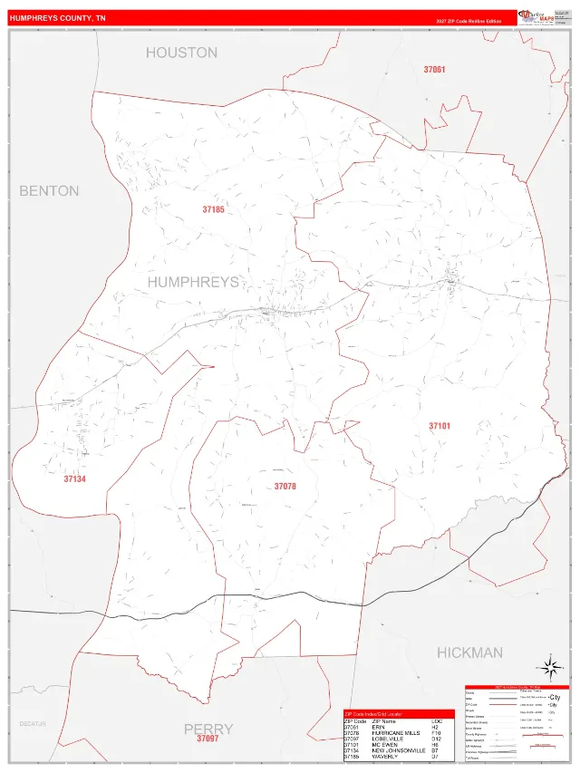 Humphreys County, TN ZIP Code Wall Map, RedLine style