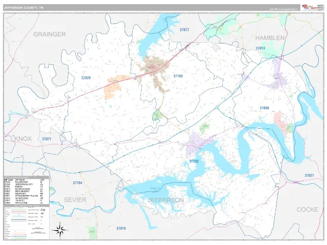 Jefferson County, TN ZIP Code Wall Map, Classic style