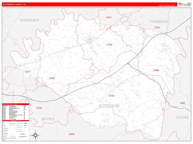 Jefferson County, TN ZIP Code Wall Map, RedLine style