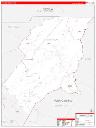Johnson County, TN RedLine style ZIP Code wall map