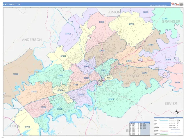 Knox County, TN ZIP Code Wall Map, ColorCast style
