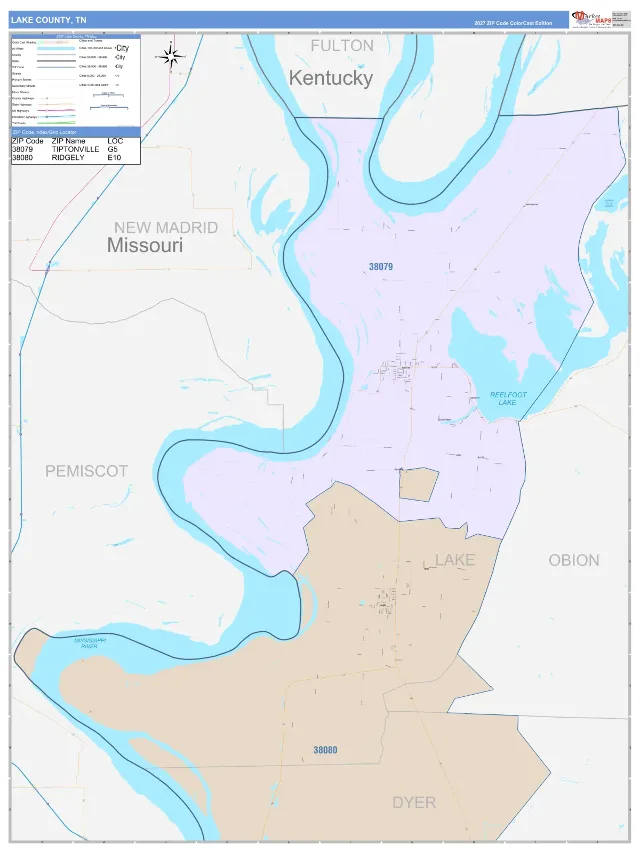 Lake County, TN ZIP Code Wall Map, ColorCast style