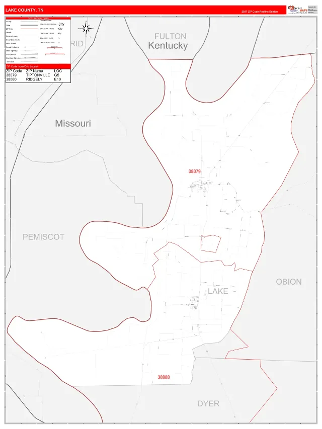 Lake County, TN ZIP Code Wall Map, RedLine style
